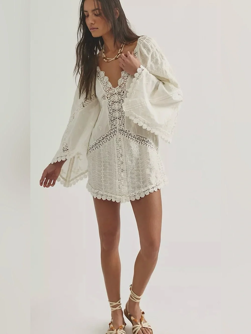 Free People Wildflower Muse Mini Dress IvoryEgret Embroidered/Crochet Cotton NWT